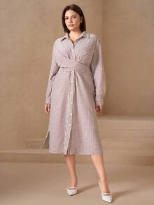 Chikora Plus Size Women Long Sleeve Silky Striped Shirt Dress,White Autumn Office Commute Midi Dress,Smart Casual Elegant Modest Front Opening Fall Outfits - Multicolor - View 3