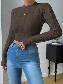 Zielony Solid Color Cable Knit Stand Collar Slim Fit Elegant Long Sleeve Sweater - Coffee Brown - View 3