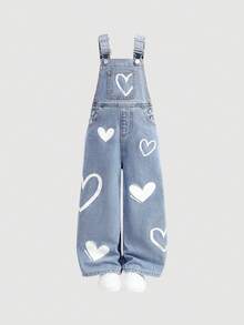 Young Girl' Cute White Heart Pattern Blue Denim Loose Bib Pants,Fall Clothes,Winter Clothing ,Casual And Fashionable Vacation Outfits,Streetwear,2000s Style  ,Christmas Clothing,Heart Pattern  Overall,Young Girl Overall - Light Wash - View 5