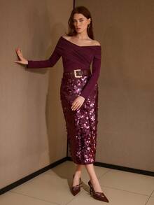 MOTF PREMIUM WOMEN'S ELEGANT OFF-SHOULDER T-SHIRT - Burgundy - View 6