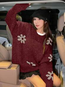 DAZY 女士印花宽松圆领休闲毛衣 - 酒紅色 - 查看 2