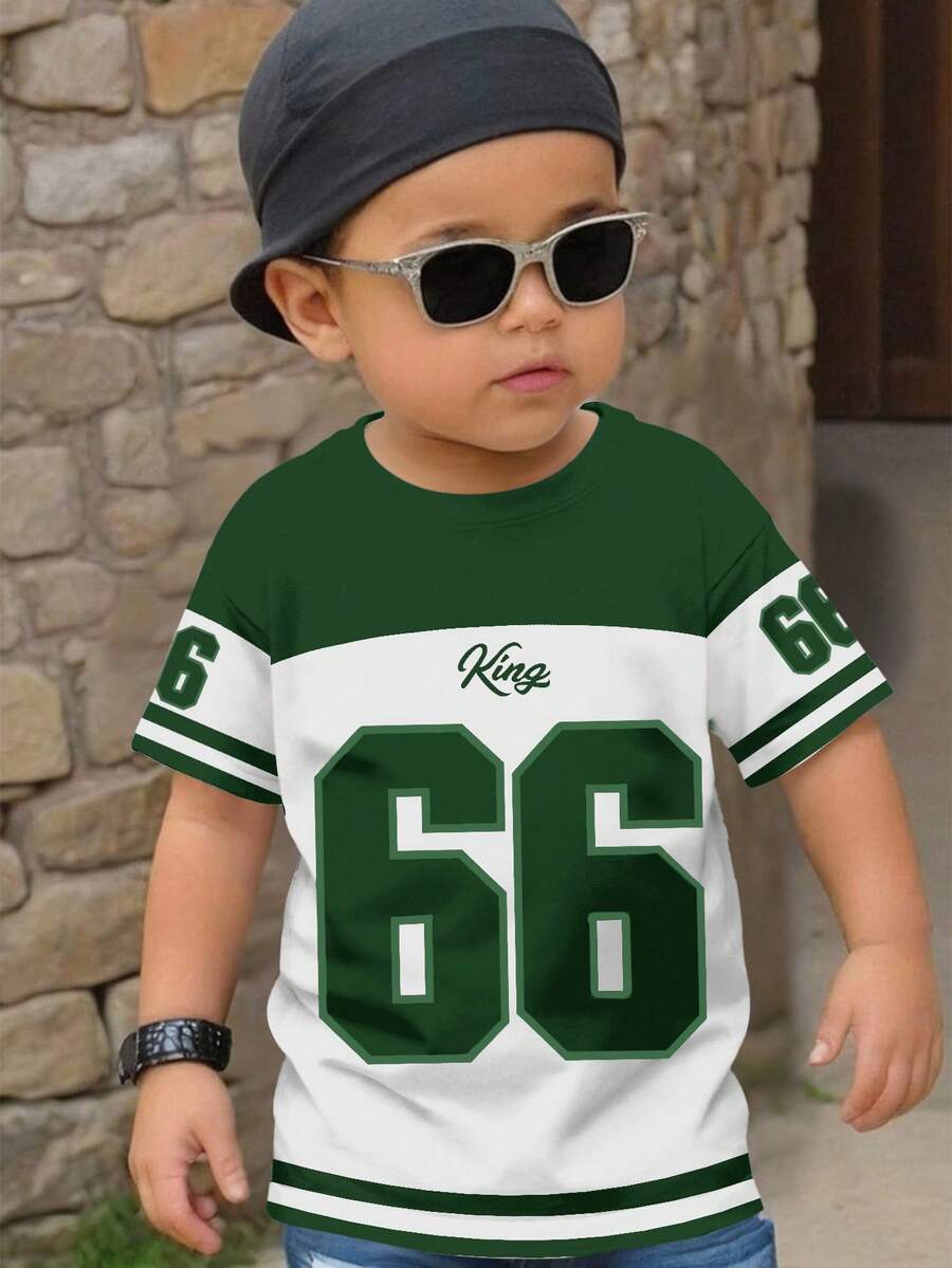 Young Boy King Text Graphic Number 66 Baseball Sports Style White Summer Career Day Back-To-School Color Block Patchwork Short Sleeve Round Neck Tee - Multicolor - View 1