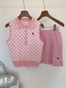 Comfortcana Women's Casual 2 Pieces Set: Knight Pattern Knitted Polo Collar Vest And Pleated Knitted Mini Skirt Plaid Two-Piece - Pink - View 6