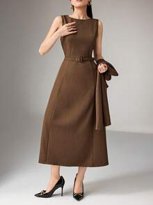 Heiryn 女士纯色简约长袖外套连衣裙两件套，日常穿着 - 棕色 - 查看 4