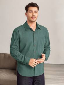 Manfinity RelaxMax Camicia casual da uomo a maniche lunghe con bottoni sul davanti, colore tinta unita, autunnale - Verde - Visualizzare 5