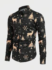 Manfinity NXTstreet 男士圣诞驯鹿印花长袖单排扣衬衫 男士驯鹿衬衫 男士衬衫 黑金图案正装衬衫 男士长袖纽扣衬衫 - 黑色 - 查看 5