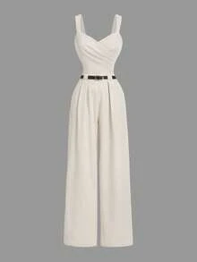 SHEIN MOD Mono de mujer con cuello en V, unicolor, volantes y envolvente (con cinturón)