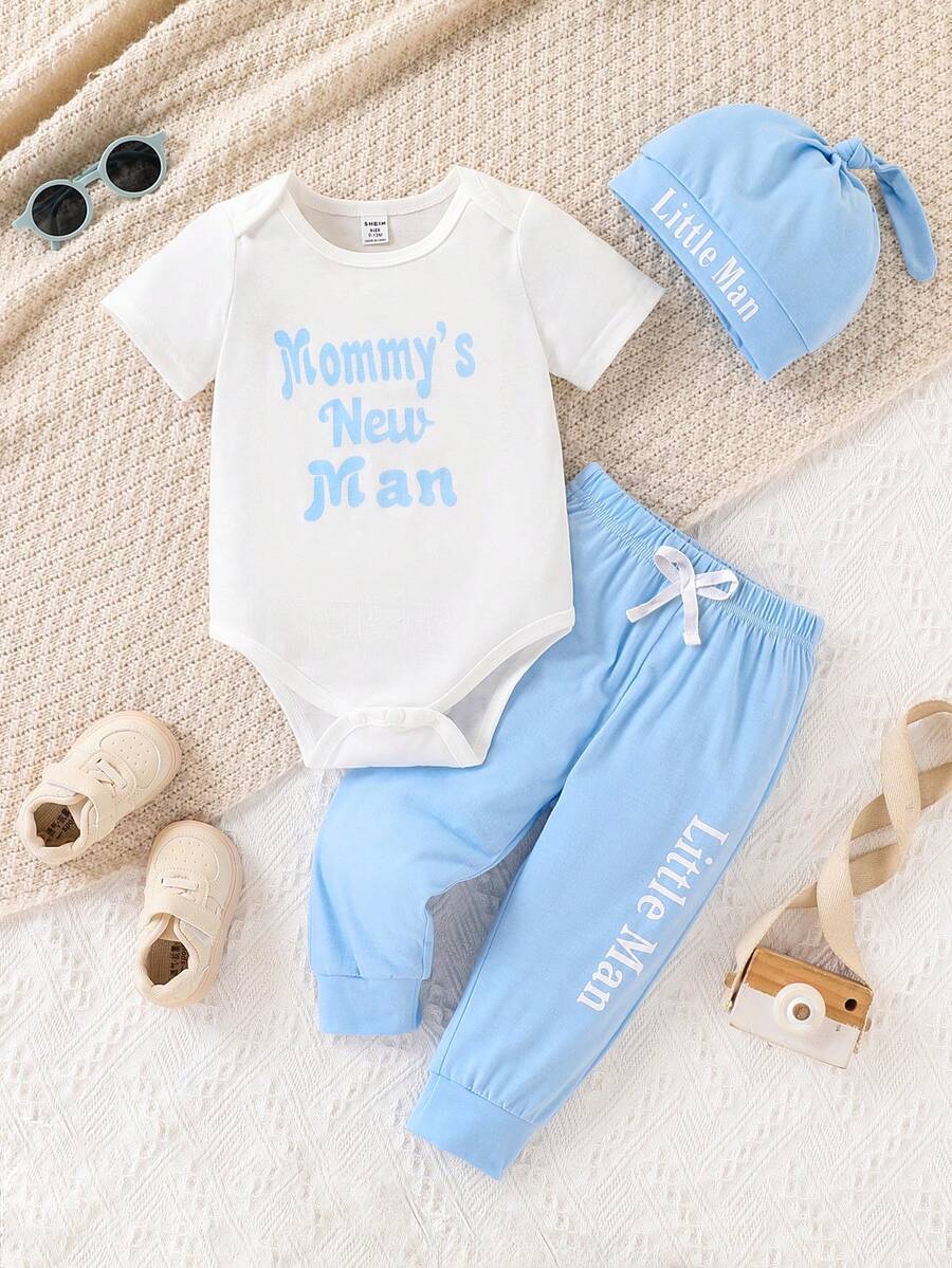 SHEIN Baby Boy Cute Letter Print Bodysuit With Pants & Hat Set, Spring/Summer - Blue - View 1
