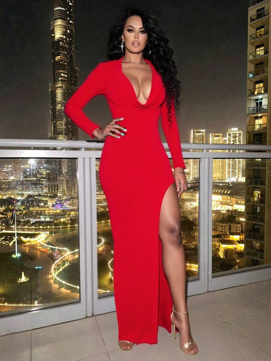 BamGleam 高开衩垂坠设计长袖连衣裙，修身剪裁 - 紅色 - 查看 1