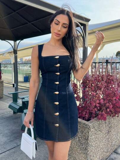 Carolina Barros Women's Sleeveless Front Button Waist Denim Mini Dress, Casual Summer, Sleeveless Denim Mini Dress Button Front Design Summer Casual Fashion Slim Elegant Style Personalized Single Product, Old Style, Business Casual Women's Wear, Fall Clothes, Back To School, Business Casual Woman, Office Dress, Going Out Outfits, Teacher Outfits For Women