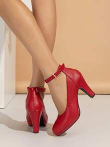 Zapatos de mujer confort hebilla punta redonda correa ajustable tacón alto estilo clásico oficina fiesta zapatos rojos - Rojo - Ver 2