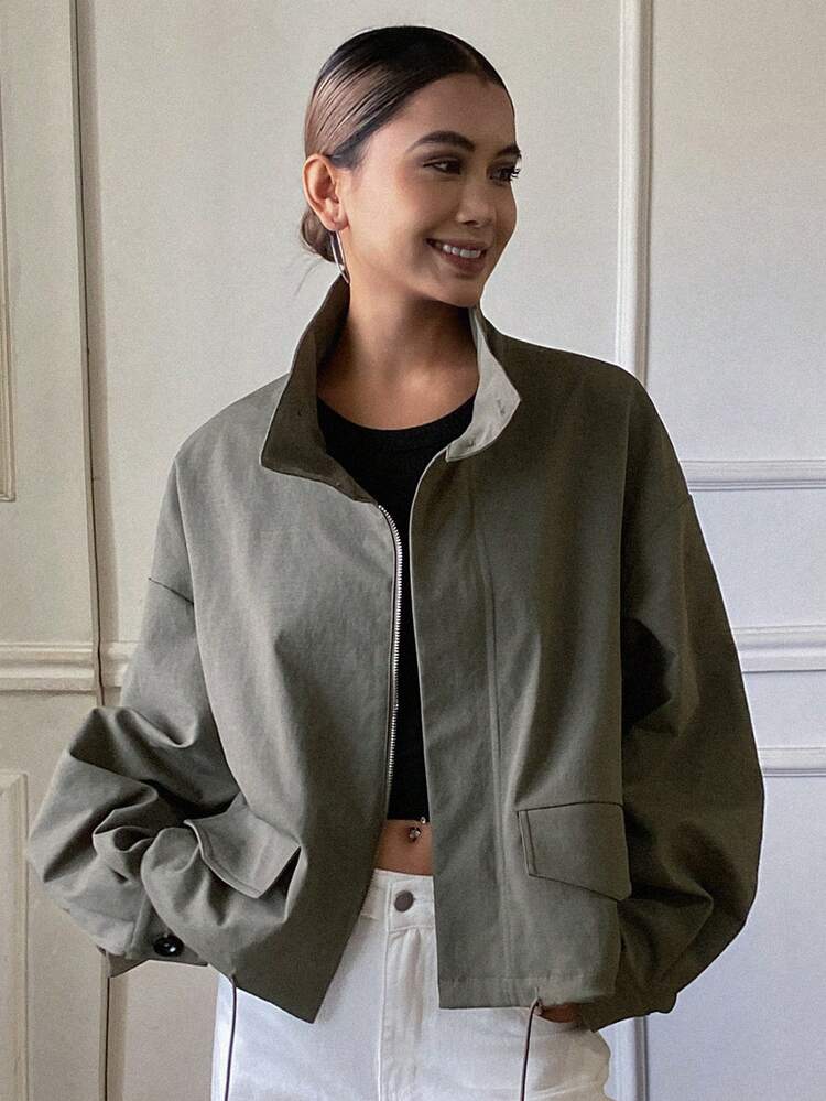 Women's Solid Color Loose High Neck Long Sleeve Drawstring Casual Street Jacket, Autumn/Winter Y2k