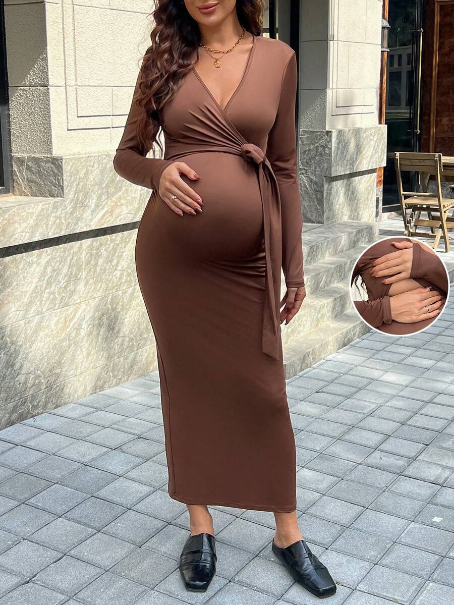 SHEIN 孕妇连衣裙，长袖，深V领，前系结，侧边褶皱，修身连衣裙 - 棕色 - 查看 1