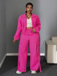 Maweii 2件套加大码时尚性感亮色长袖褶皱连体裤，秋季面料，女士粉色休闲套装 - 玫紅色 - 查看 4