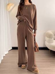 SHEIN Tall Pull marron automne vêtements femme "Old Money" automne couleur unie col rond manches raglan pull à manches longues et pantalon tricoté à taille coulissante, ensemble casual deux pièces marron confortable