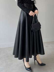 DAZY Women's Elegant High Waist A-Line PU Leather Skirt, Suitable For Commuting - Black - View 7