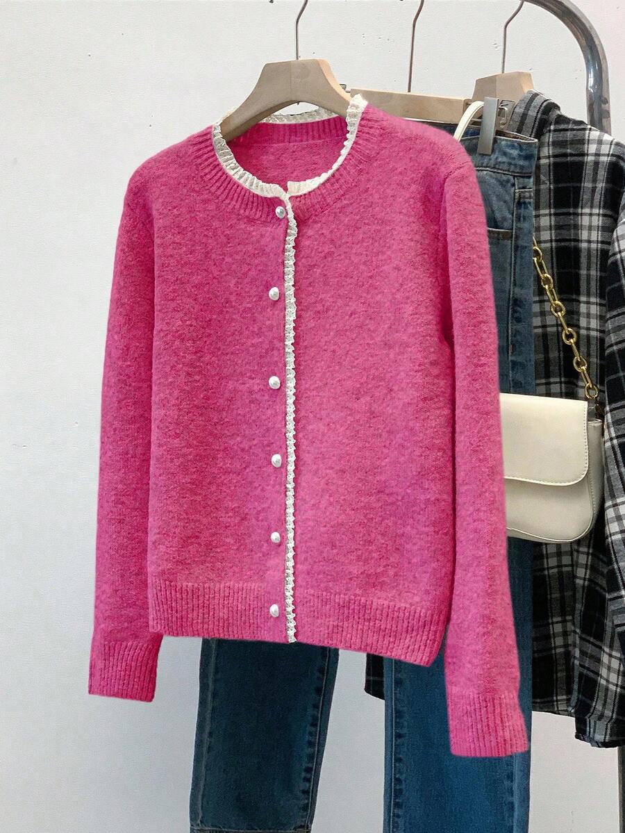 Franclia 时尚汽车蕾丝边圆领长袖毛衣 - 玫紅色 - 查看 1