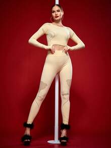 Menodora SHEIN Sport Menodora SHEIN Sport 女士纯色长袖上衣和紧身裤修身运动套装 - 杏色 - 查看 3