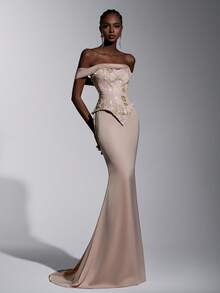 Elitara 优雅、迷人、时尚、色彩缤纷、亮片刺绣缎面滚边、露肩设计、落肩袖、二合一款式、带拖尾的美人鱼裙摆。适合婚礼宾客、各种正式场合、情人节和晚礼服。 - 卡其色 - 查看 6