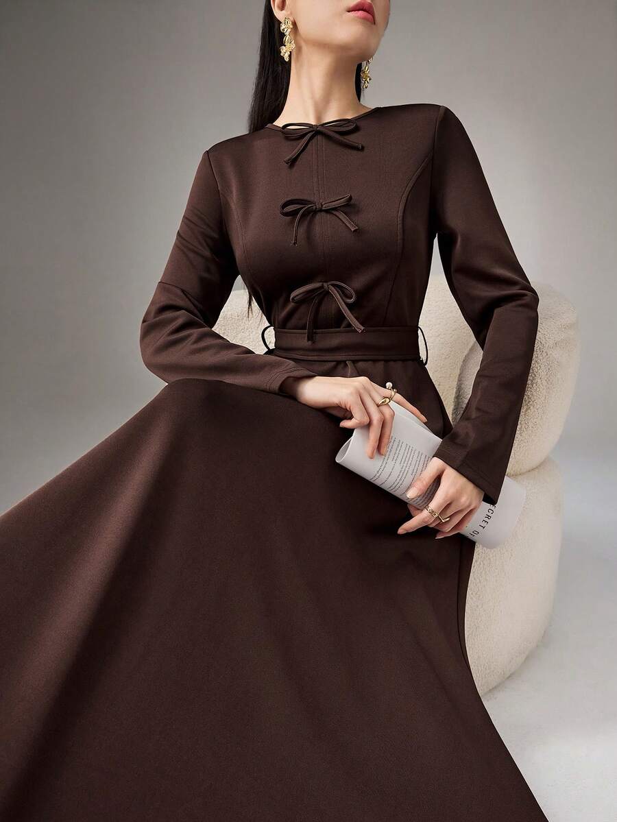 Heiryn 女士优雅通勤纯色蝴蝶结装饰连衣裙 - 卡其色 - 查看 1