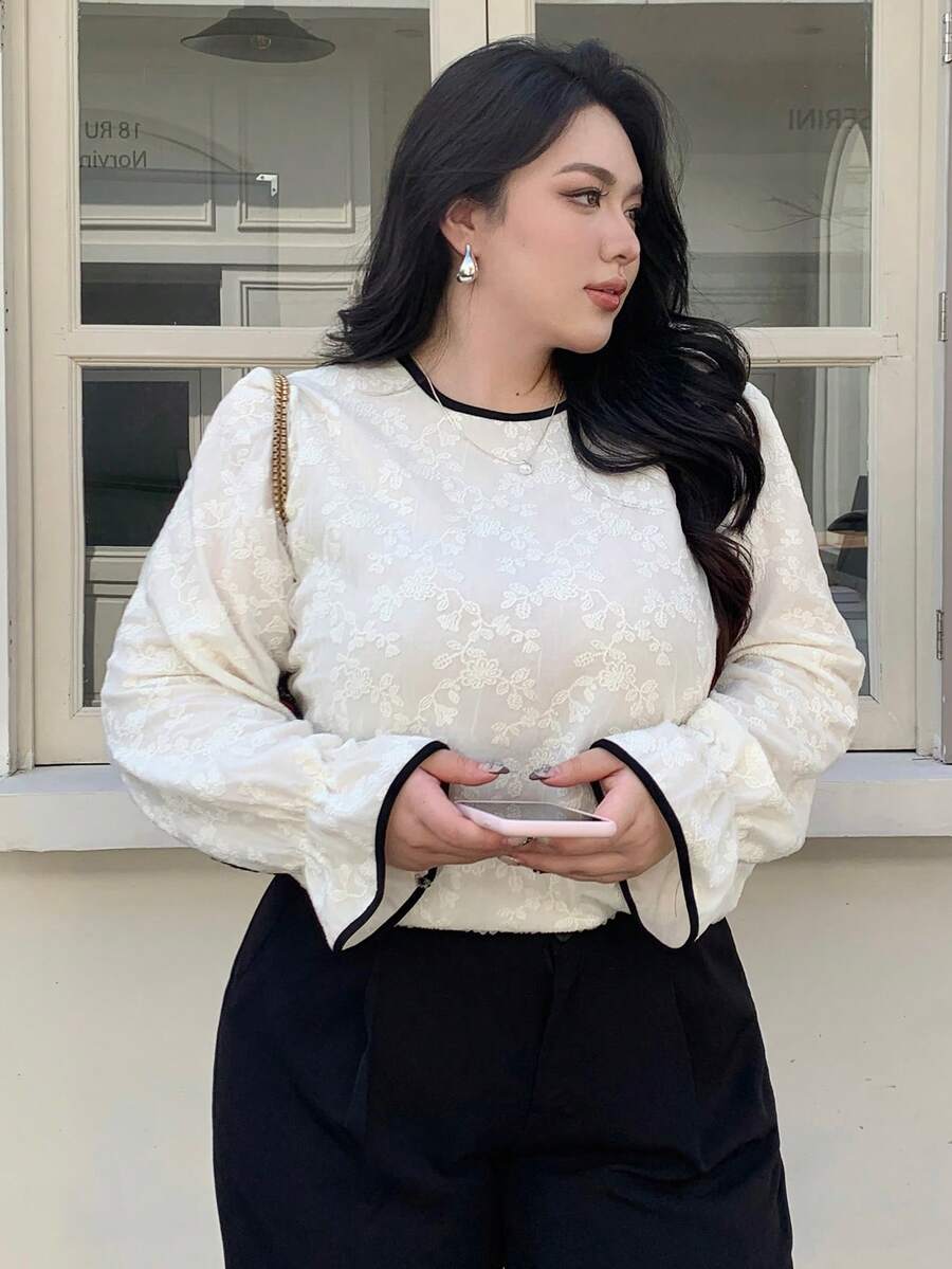 Dazy Plus بلوزة بلوزة فضفاضة مع أكمام واسعة وياقة مستديرة، تباين الألوان والدانتيل، مناسبة للربيع والخريف - لون مشمشي - مشاهدة 1