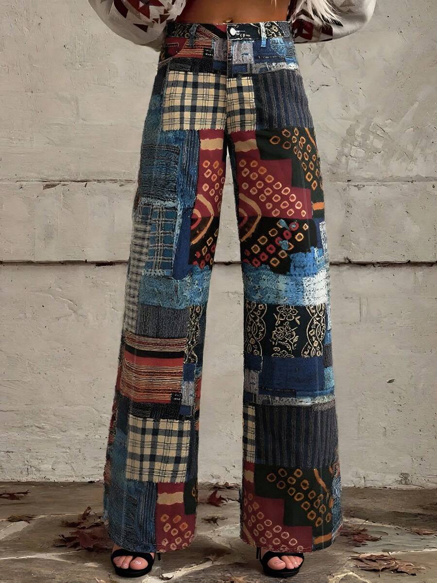 EMERY ROSE Plus Size Women Patch Print Loose Wide Leg Jeans - Multicolor - View 1