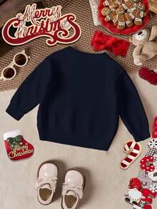 1 Áo len Raglan họa tiết gấu hoạt hình đơn giản cho bé gái, thích hợp mặc hàng ngày và đi học - Màu xanh hải quân - Xem 6