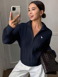 Livesso 新品秋季半拉链宽松休闲女式毛衣 - 藏蓝色 - 查看 1