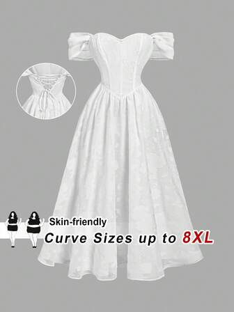 SHEIN CURVE+ 加大码白色露肩露背系带设计宫廷风连衣裙，优雅长裙，适合圣诞派对、节日宴会等场合