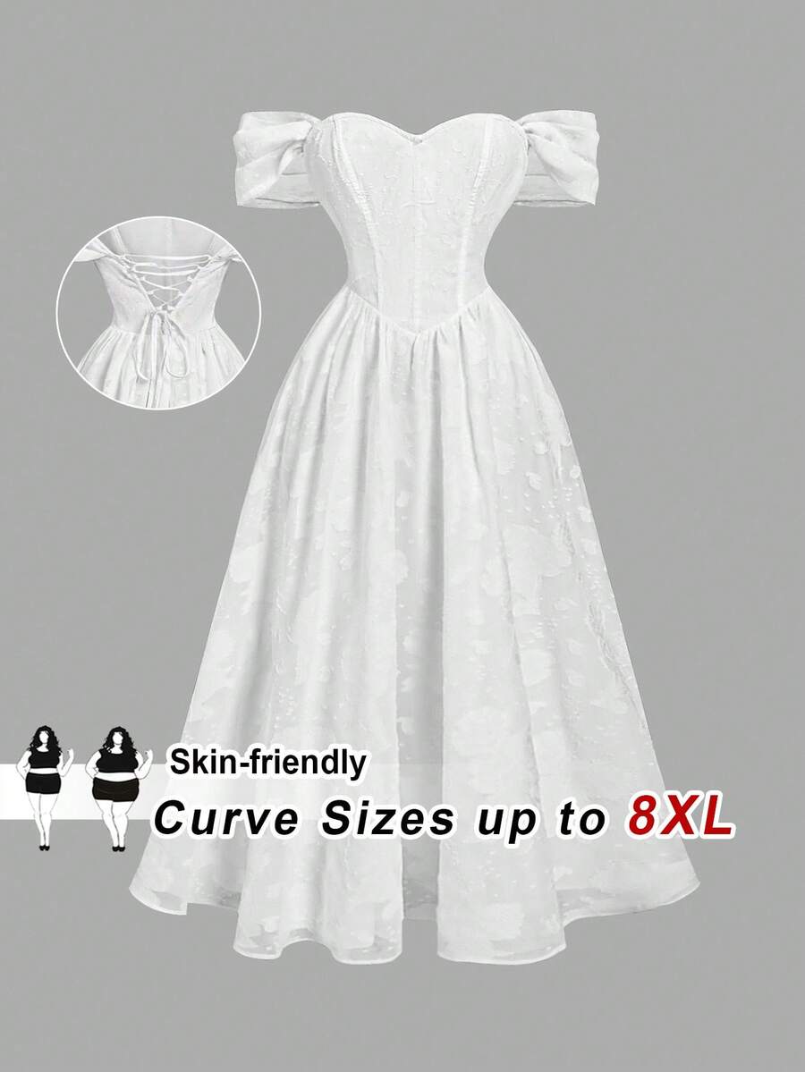 SHEIN CURVE+ 加大码白色露肩露背系带设计宫廷风连衣裙，优雅长裙，适合圣诞派对、节日宴会等场合 - 白色 - 查看 1