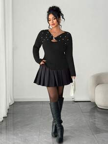 Auvina Plus Size Women's Twist Design Long Sleeve Elegant Pearl Embellished Sweater, Eye-Catching For Dates - Black - View 7