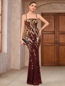 SHEIN Belle Váy hai dây in họa tiết sequin bó sát dự tiệc cho trang phục dự tiệc ngày lễ dành cho nữ - Màu Đỏ Sâu - Xem 1