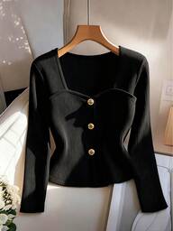 Regalyn プラスサイズ女性用 メタルバックル装飾 スクエアネック 長袖 フィットTシャツ、秋冬シーズンに適しています