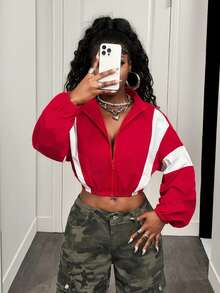 BamGleam Áo khoác bóng chày cổ đứng phối màu đơn giản cổ điển dành cho nữ, dáng rộng, eo rút dây, mùa đông - Đỏ và trắng - Xem 5