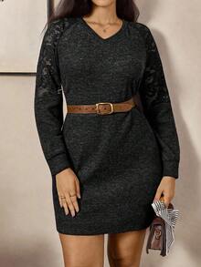 Zelara Vintage Coin Pattern Plus Size Knit Dress - Black - View 7
