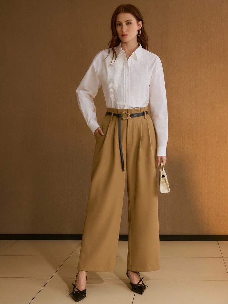 WOMEN'S SOLID COLOR PAPERBAG WAIST VERSATILE COMMUTER ELEGANT WIDE LEG BELTED PANTS