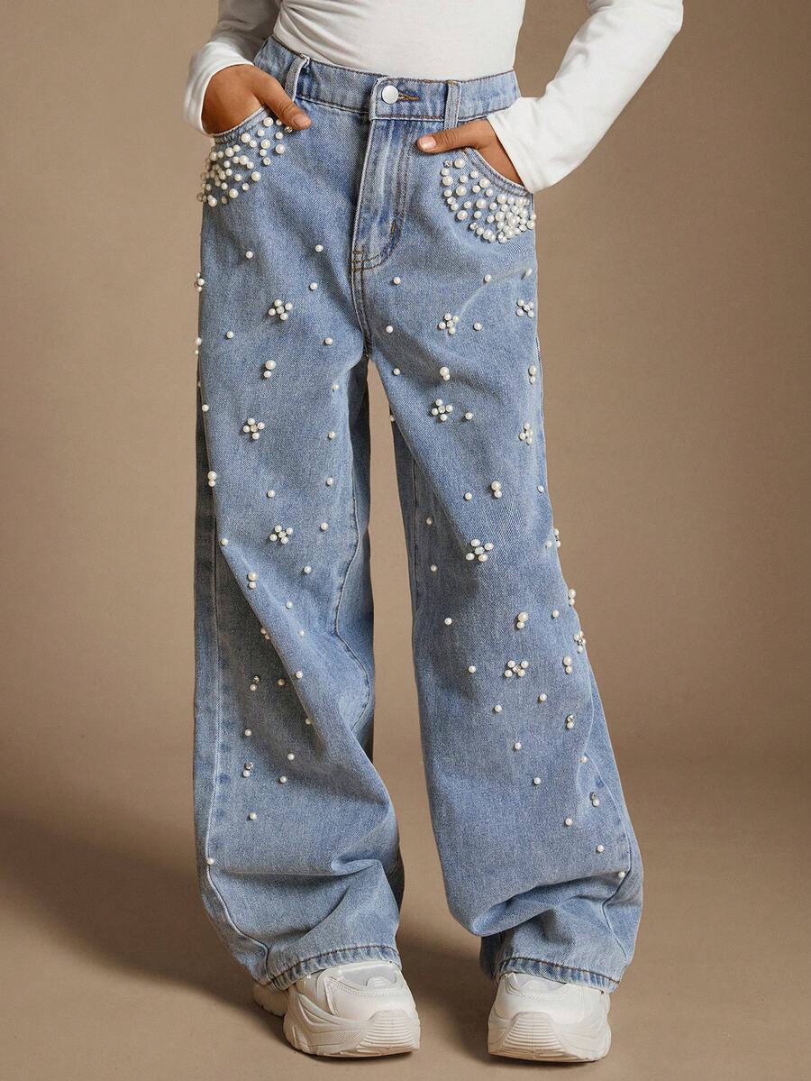 Radiana Tween Girls Tween Girls' Elegant Light Washed Front Button Pocket Faux Pearl Decor Simple Casual Denim Straight Leg Jeans,Faux Pearl,And Frayed Hem,For Spring And Summer Vacation Festival Outfits,4th Of July Clothes,Graduation Party Jeans Pants Fall Winter - Light Wash - View 1