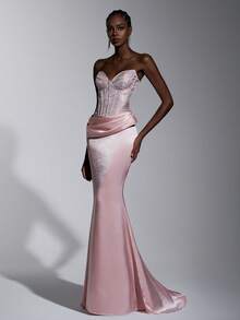 Elitara 优雅、浪漫、时尚、端庄的浅粉色提花面料褶皱装饰鱼尾下摆长款正式派对礼服、婚礼宾客礼服、黑白礼服、正式晚礼服 - 淺粉色 - 查看 7