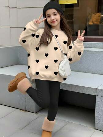 2pcs Tween Girls Casual Heart Print Crew Neck Sweatshirt And Pants Set, Comfortable For Autumn/Winter