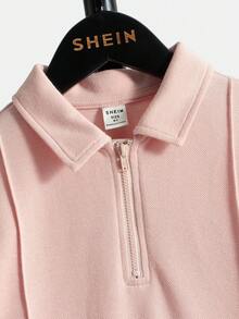 SHEIN 男童休闲纯色半拉链 Polo 衫 - 粉色 - 查看 4