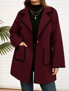 EMERY ROSE Plus Size Women's Elegant Autumn Formal Evening Office Overcoat,Burgundy Black Contrast Embroidered Lace Edge Long Sleeve Pockets Warm Jacket Coats - Burgundy - View 7