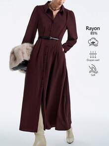 Aalyst Đầm Maxi dài tay dáng chữ A, cổ áo sơ mi trơn màu cho nữ, cài nút phía trước, eo xếp ly, eo có thể điều chỉnh, thanh lịch và đa năng khi đi làm, phong cách đường phố Pháp cổ điển, đơn giản và cổ điển, phù hợp với trang phục thường ngày, trang trọng, công sở, Trung Đông, tiệc mùa đông, lễ tạ ơn, giáng sinh, trà chiều, họp mặt gia đình, thu đông - Màu Tím - Xem 1