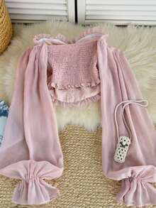 INAWLY French Retro Pink Ruffle Off Shoulder Faux Pearl Button Flare Sleeve Cropped Top - Pink - View 2