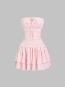 Sweetra Women's New Contrast Lace Tie Front Ruched Waist 2-Piece Set, Includes Sleeveless Dress And Lace Cardigan, Suitable For Party, Date, Vacation, Spring/Summer/Autumn