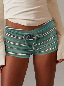 Athîral Striped Print Knotted Casual Fashionable Shorts, Suitable For Summer - Green - View 6