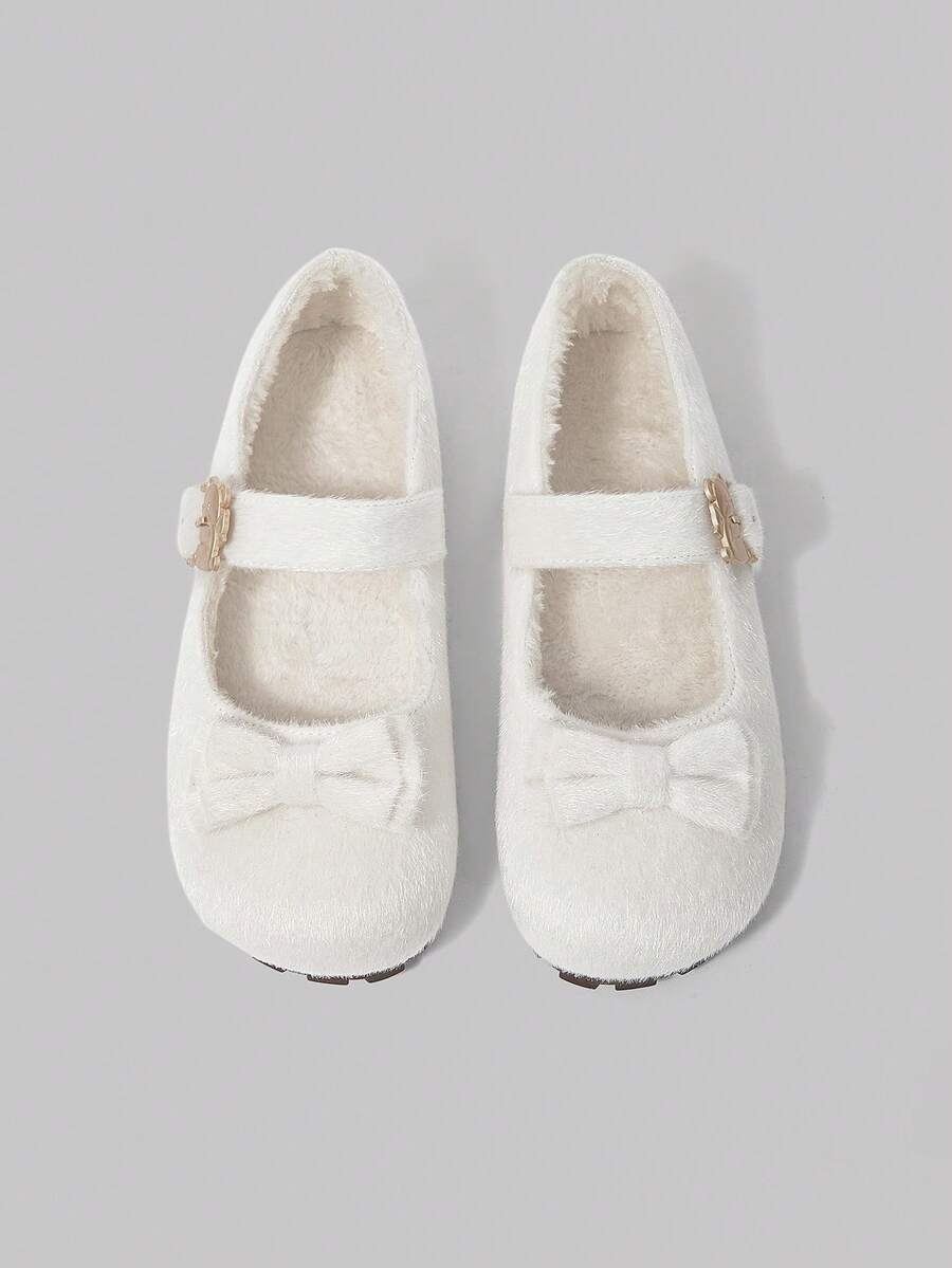 ROMWE Kawaii 女士蝴蝶结装饰扣设计时尚毛绒可爱平底鞋 - 白色 - 查看 1