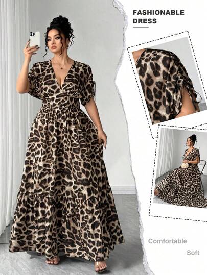 Elenzga Vestido maxi elegante de talla grande para mujer con cuello en V, estampado de leopardo, manga corta fruncida y falda acampanada