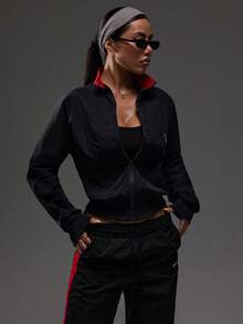 Dewbera Dewbera Contrast Color Stand Collar Zip-Up Casual Sporty Jacket,Long Sleeve Cropped Workout Sportswear Women Gym Clothes,Red And Black,Autumn,Athleisure,Gym - Navy Blue - View 4