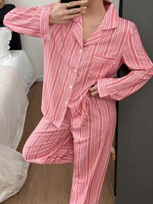 SHEIN Women's Turndown Collar Striped Print Loose Long Sleeve Pajama Set Striped Pajama Set Striped Pjs - Multicolor - View 6