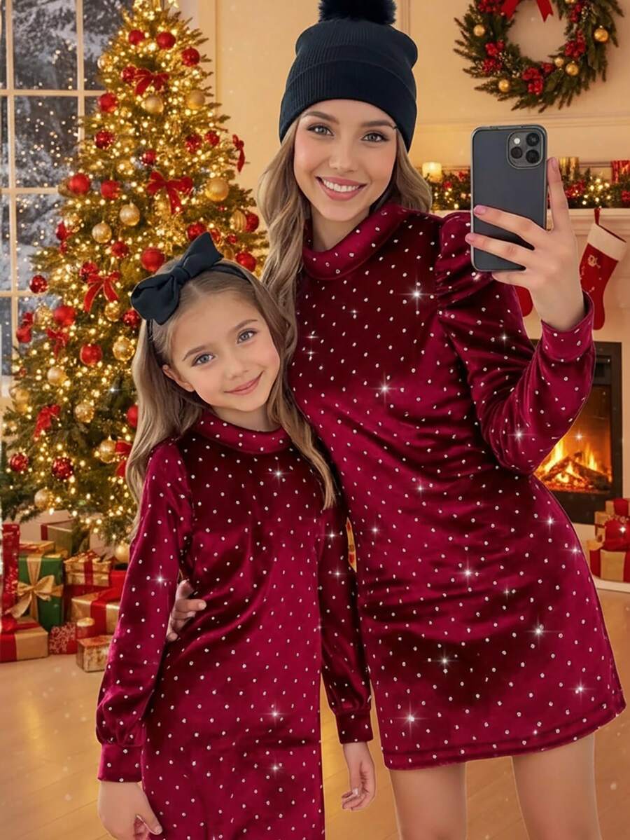 SHEIN Young Girl Christmas Velvet Sequin Glitter Effect Tight Knit Long Sleeve Dress,Burgundy,Autumn,Christening,Ruched Elegant Dress For Ball Party - Burgundy - View 1